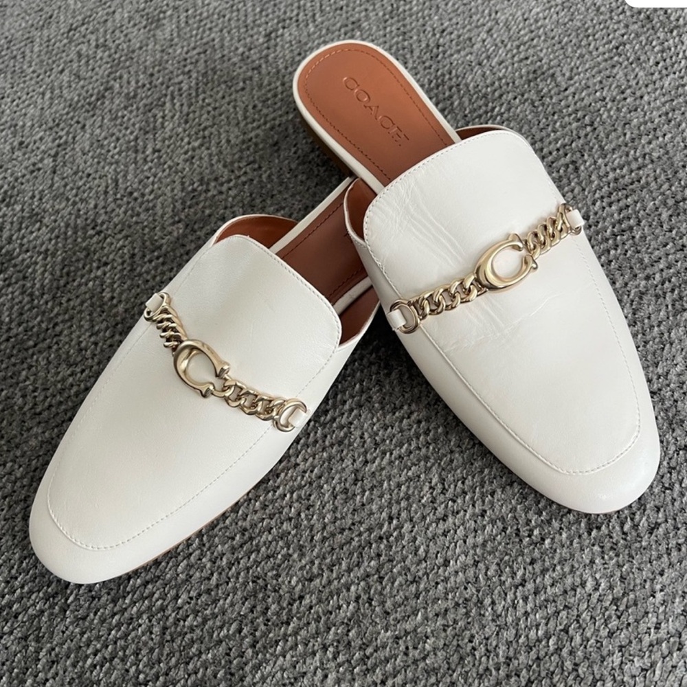 Coach White Leather Chain-Trim Slide Mules